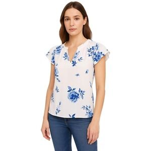 SUGARLIPS Gorgeous White Floral Print VNeck Flounce Sleeve Blouse Womens Small